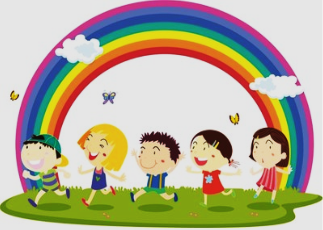 illustration of kids on rainbow background